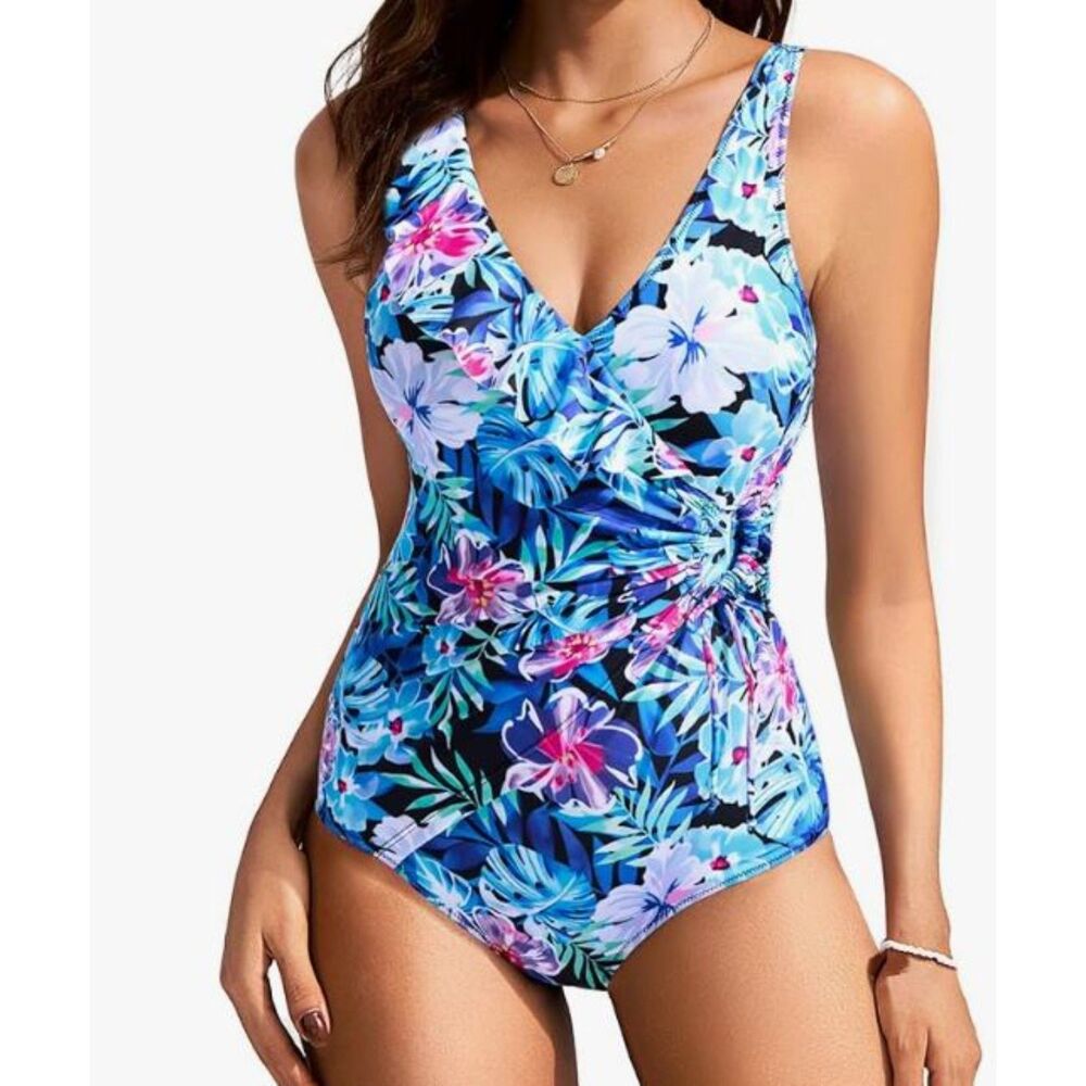 NEW Kate Kasin Floral Swimsuit Medium One Piece Ruffle Neck Tummy Control NWT